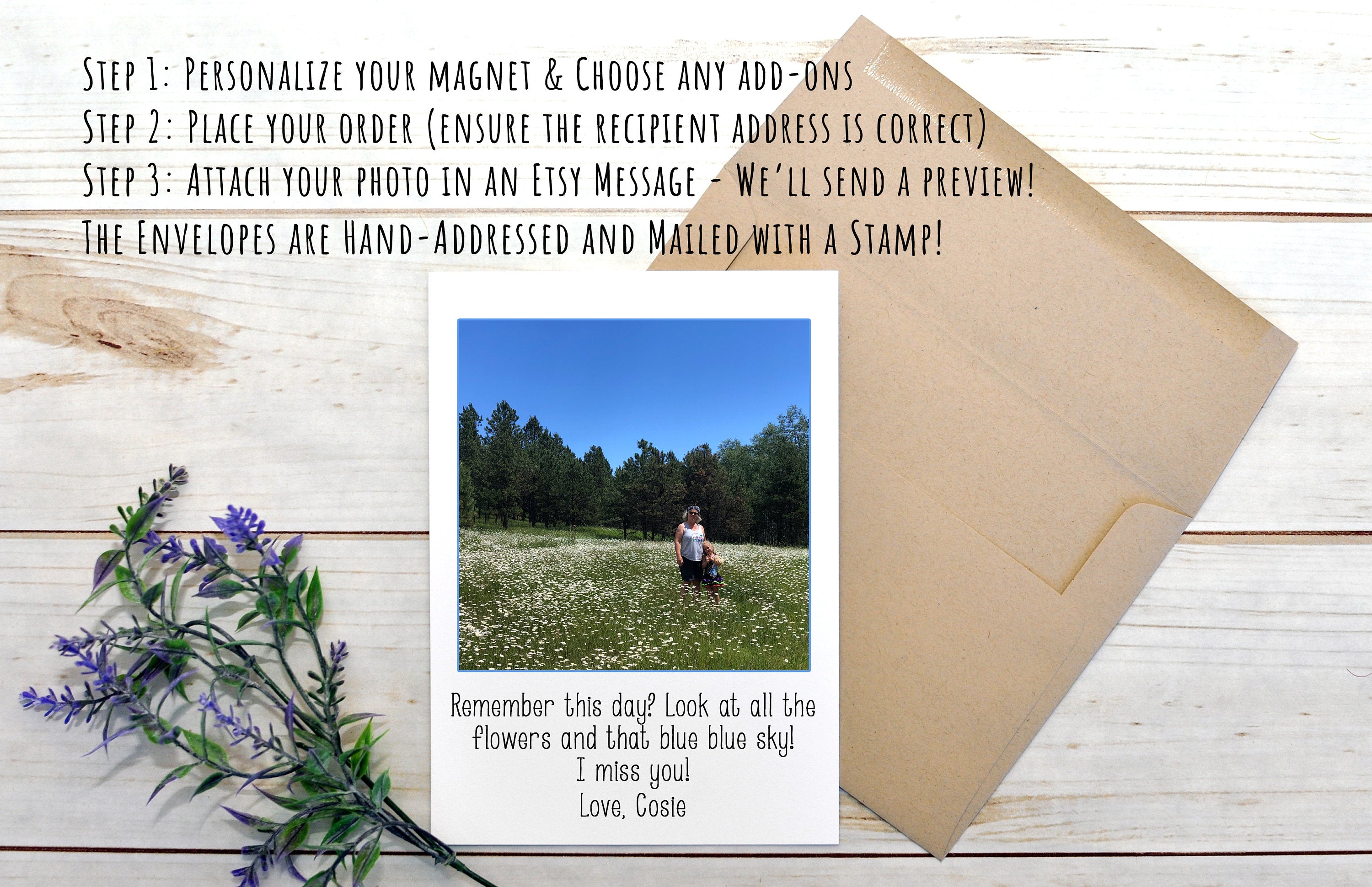 Personalized Photo Magnet Gift Mailed to a Loved One - Custom Photo Magnet and Natural Kraft Envelope