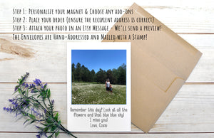 Personalized Photo Magnet Gift Mailed to a Loved One - Custom Photo Magnet and Natural Kraft Envelope